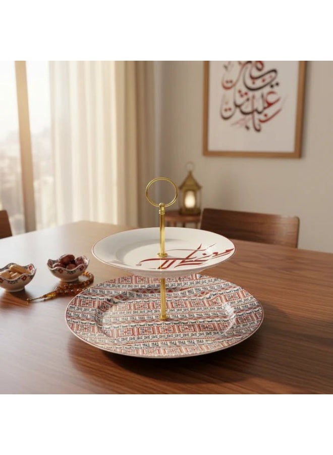 AKDC حامل كعك سيراميك لوهبار بريميوم ذو طبقتين (7.5 بوصة و 10.5 بوصة) - أبيض مع تصميم زخرفي أحمر وأزرق - Image 2